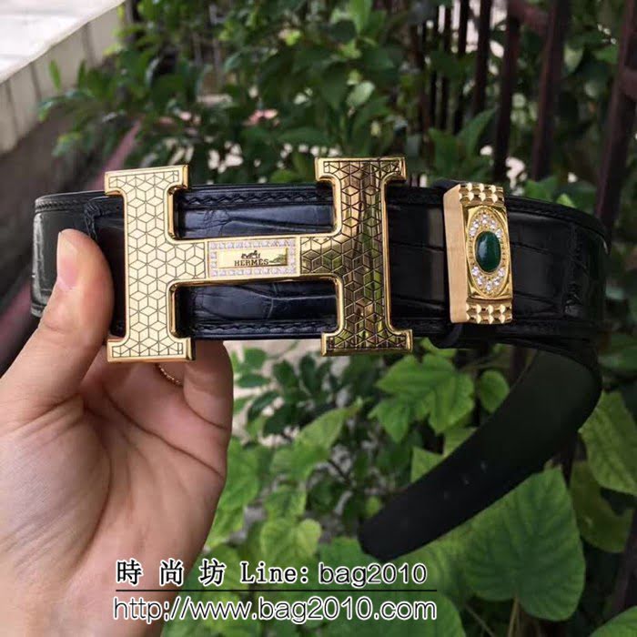 愛馬仕HERMES Hermes 純手工美洲鱷魚無拼接肚皮 高端男士皮帶 HHG1346